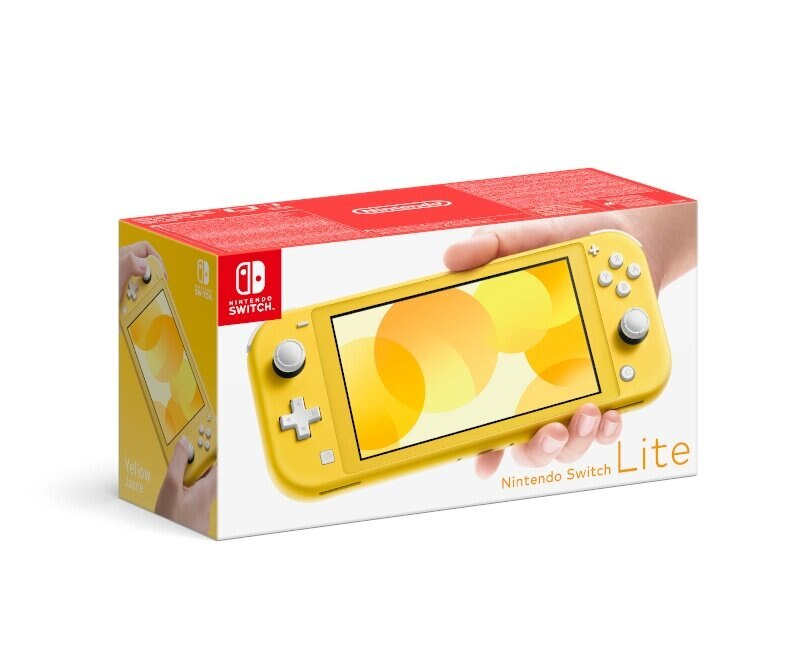 Żółta konsola Nintendo Switch Lite w pudełku, trzymana w dłoni, z widoczną konsolą.