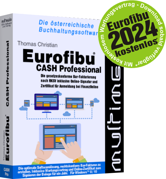 Schachtel mit Eurofibu-Software. Grüner Aufkleber mit Text und blauer Hintergrund mit Computerbildschirmen.