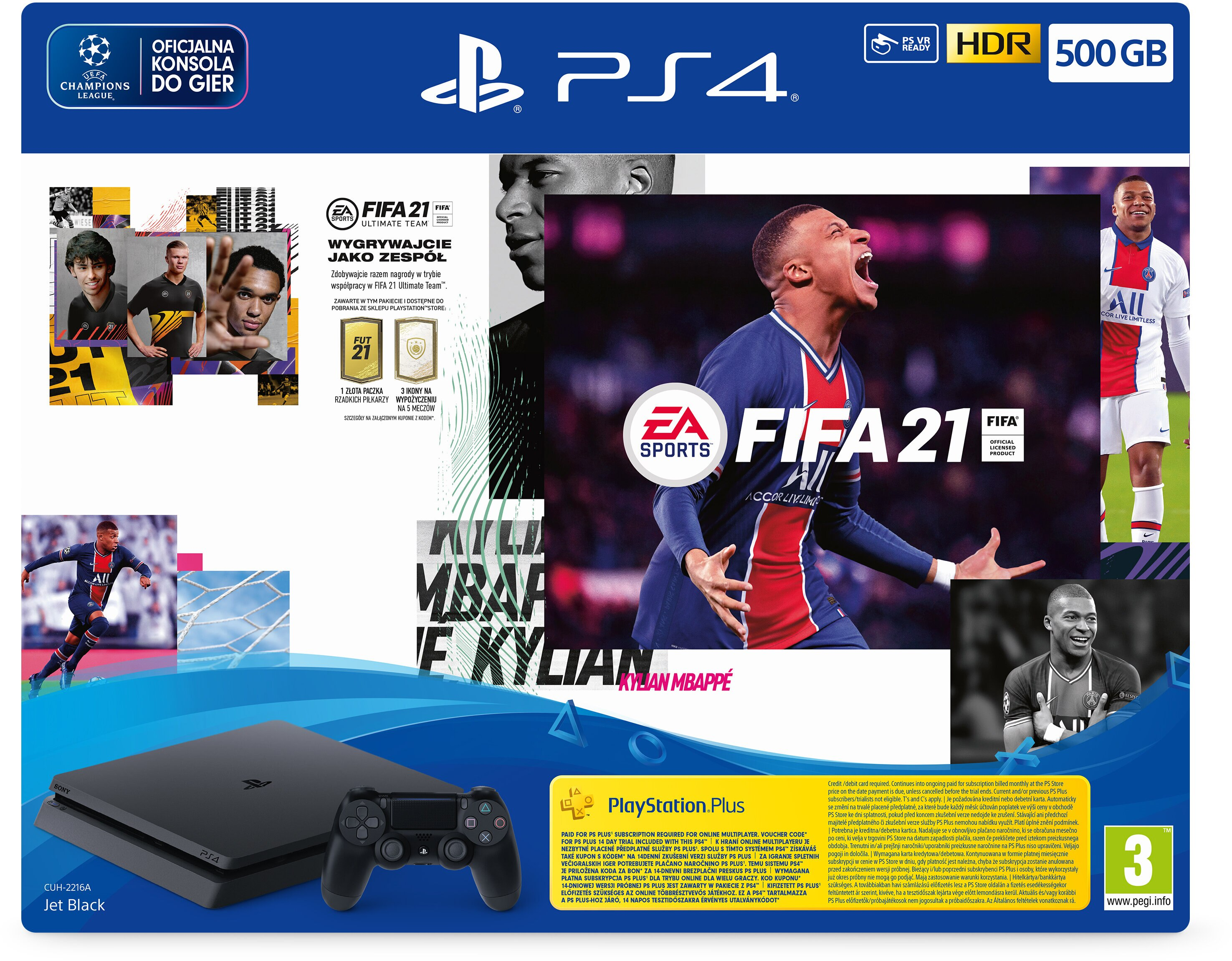 Konsola SONY PlayStation 4 Slim 500 GB F Chassis + FIFA 21 + Dodatek FIFA Ultimate Team + PlayStation Plus 14 dni.