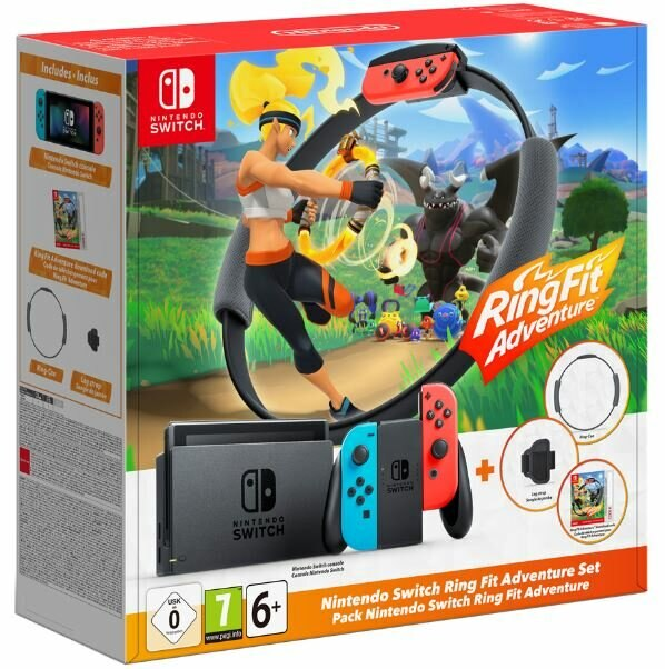 Pudełko zestawu Nintendo Switch Ring Fit Adventure z grą, kontrolerami i akcesoriami.
