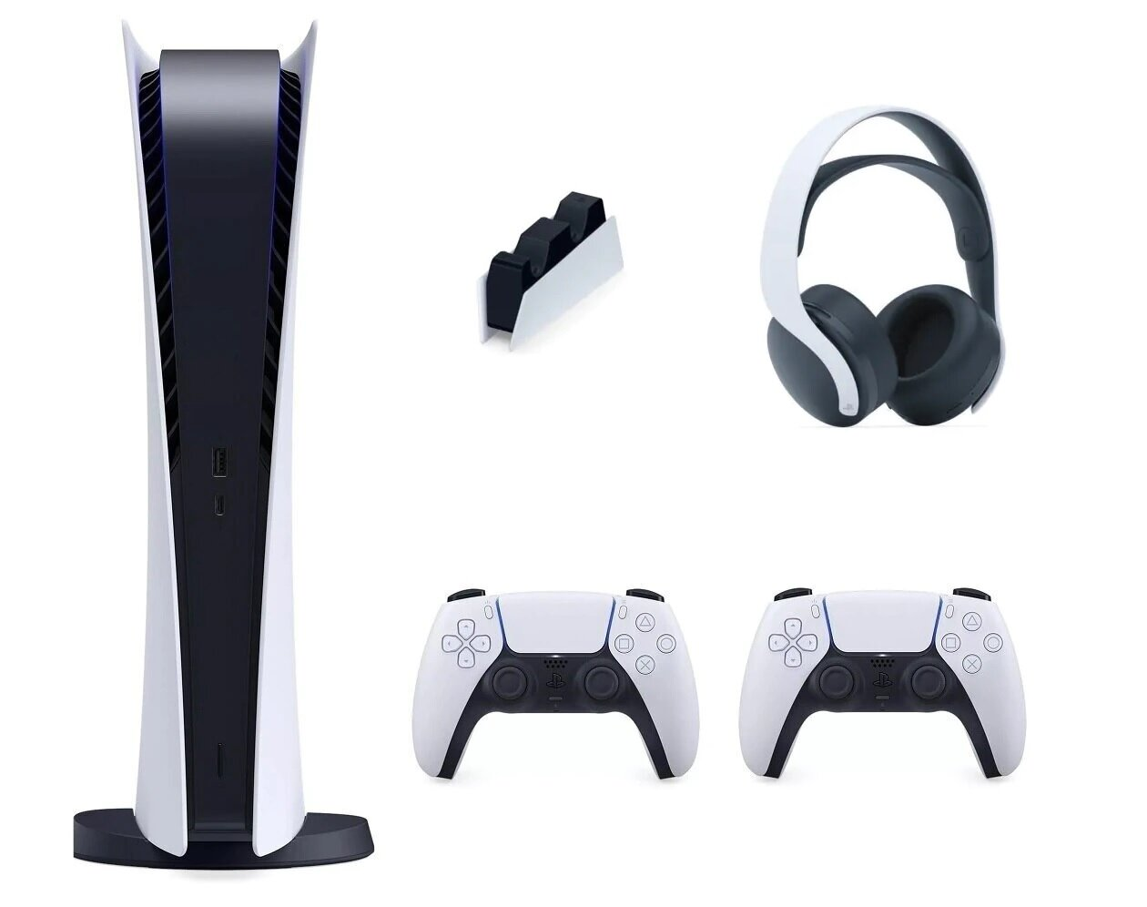 Konsola SONY PlayStation 5 Digital Edition + Dodatkowy kontroler DualSense + Stacja ładująca SONY DualSense + Zestaw słuchawkowy SONY Pulse 3D Wi