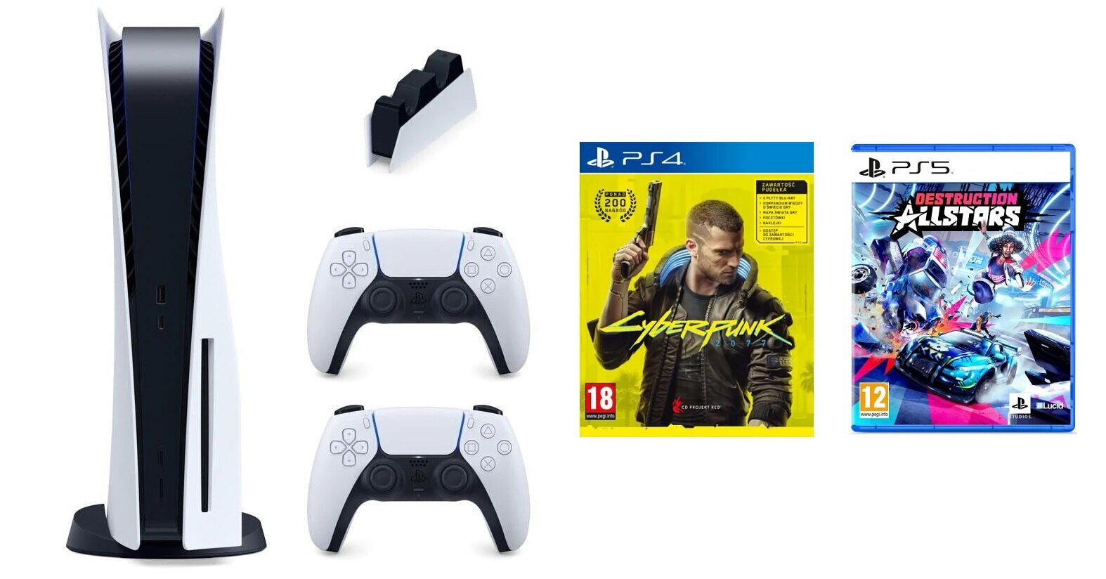 Konsola SONY PlayStation 5 + Dodatkowy kontroler DualSense + Stacja ładująca do DualSense + Cyberpunk 2077 + Destruction AllStars