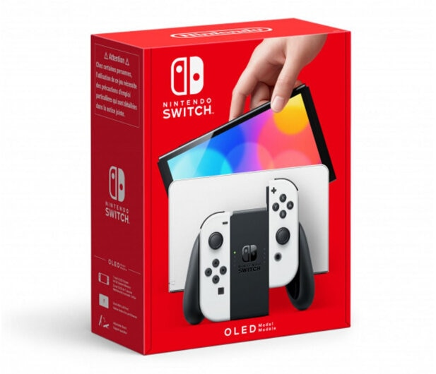 Pudełko Nintendo Switch z kontrolerami i konsolą.