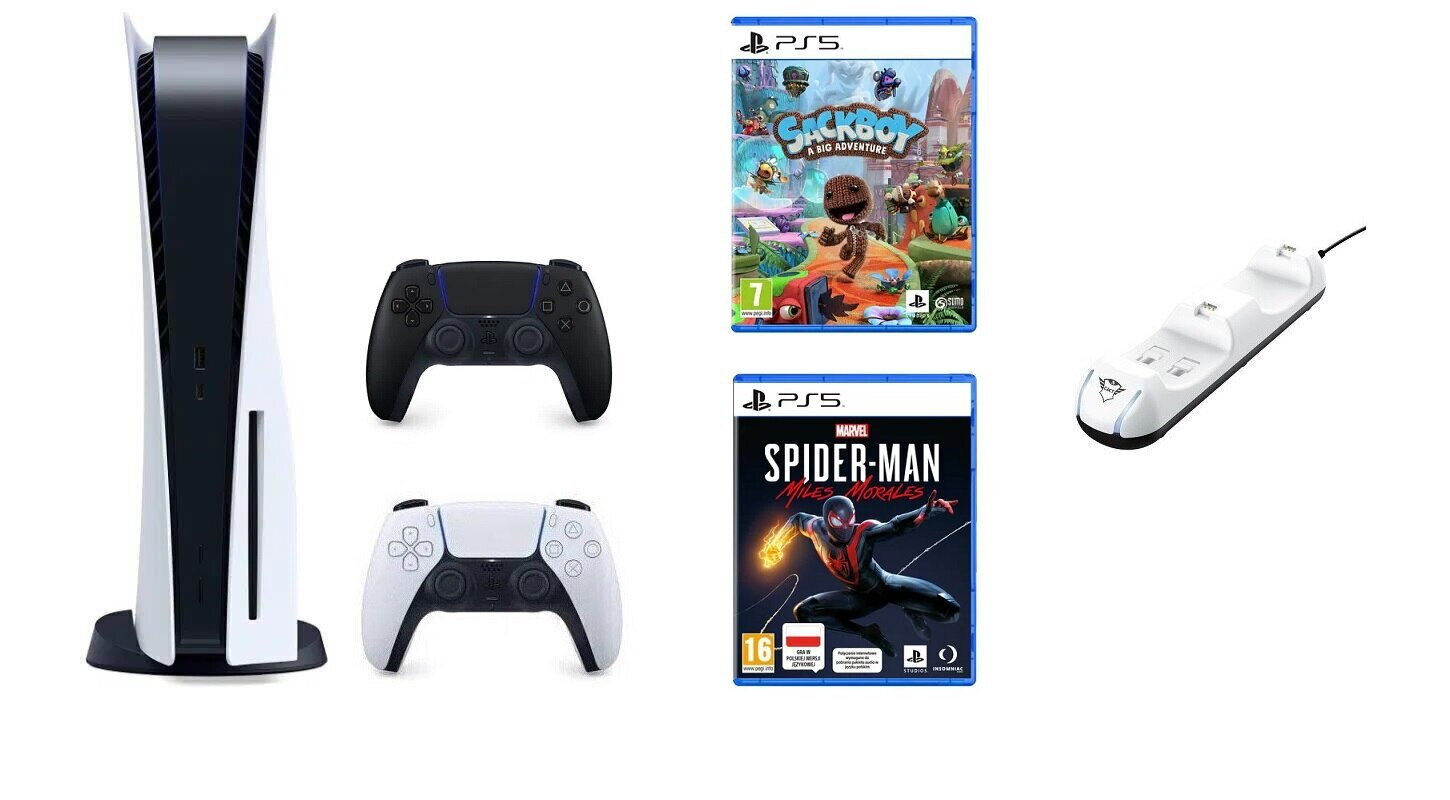 Konsola SONY PlayStation 5 B Chassis + Dodatkowy kontroler DualSense Czarny + Stacja ładująca TRUST GXT 251 Duo Charge Dock + Sackboy: A Big A