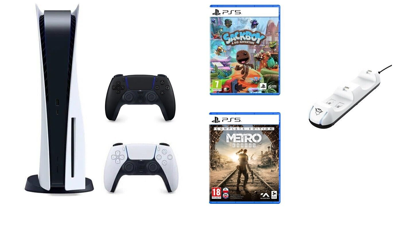 Konsola SONY PlayStation 5 + Dodatkowy kontroler DualSense Czarny + Stacja ładująca TRUST GXT 251 Duo Charge Dock + Sackboy: A Big Adventure + M
