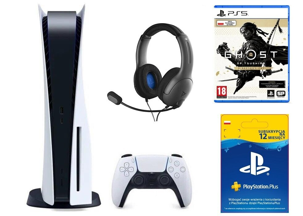 Konsola SONY PlayStation 5 + Ghost of Tsushima Director’s Cut + Zestaw słuchawkowy PDP LVL40 + PlayStation Plus 12 mies.