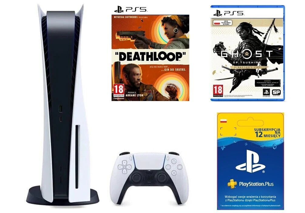 Konsola SONY PlayStation 5 + Ghost of Tsushima Director’s Cut + Deathloop + PlayStation Plus 12 mies.