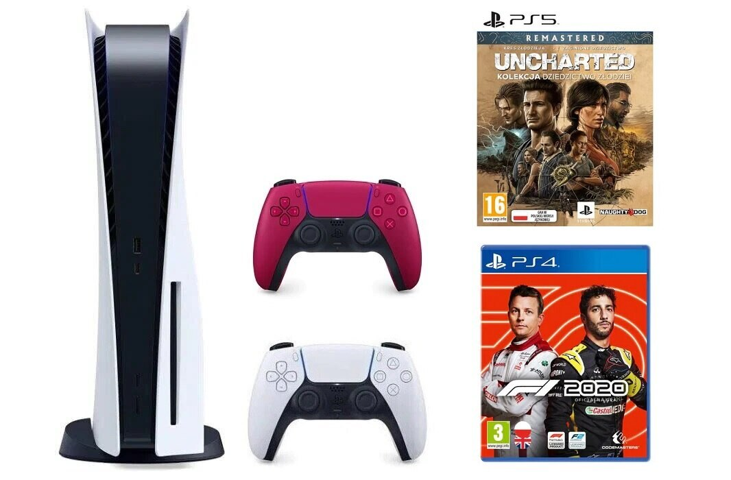Konsola SONY PlayStation 5 + Dodatkowy kontroler DualSense Czerwony + Uncharted: Kolekcja Dziedzictwo Złodziei + F1 2020 Edycja Standard
