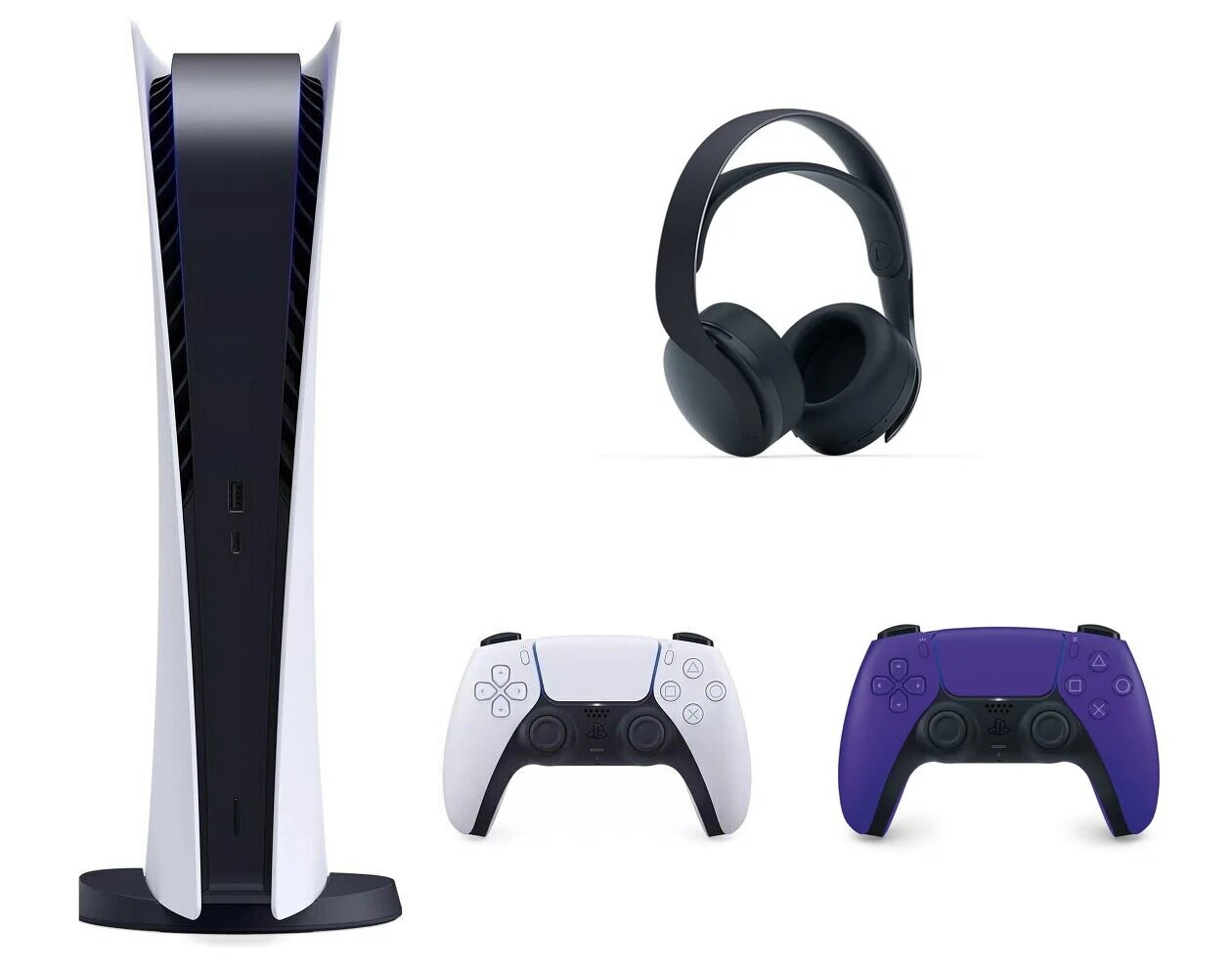Konsola SONY PlayStation 5 Digital Edition + Dodatkowy kontroler DualSense Galaktyczny Fiolet + Zestaw słuchawkowy SONY Pulse 3D Wireless Headset