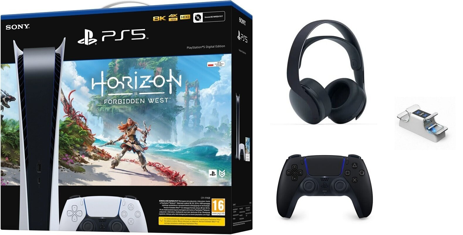 Konsola PlayStation 5 Digital Ed+Horizon Forbidden West (kod)+DualSense Nocna Czerń+SONY Pulse 3D Wireless Headset Czarny+Stacja ładująca HAMA 54