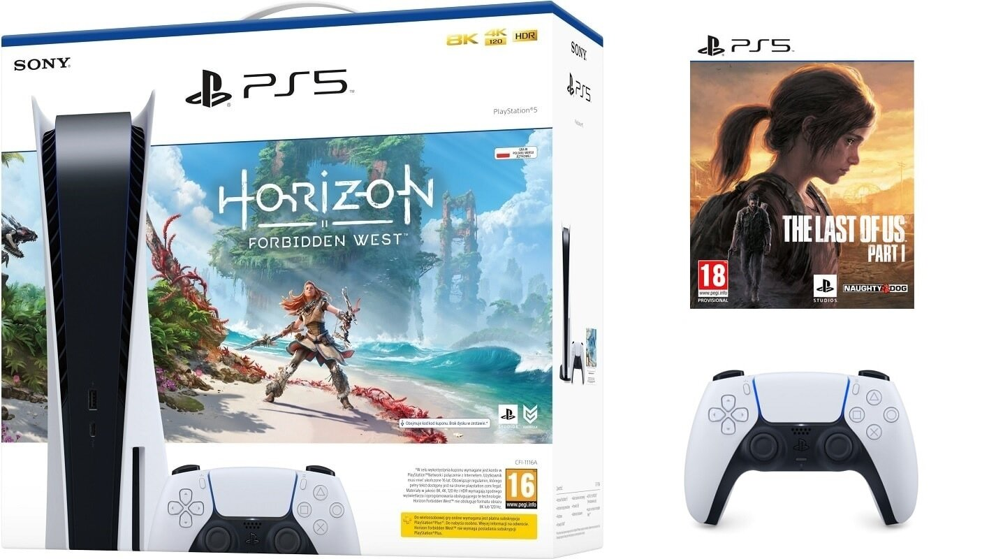 Konsola SONY PlayStation 5 B Chassis + Horizon Forbidden West (kod do pobrania) + Dodatkowy kontroler DualSense Biały + The Last of Us Part I