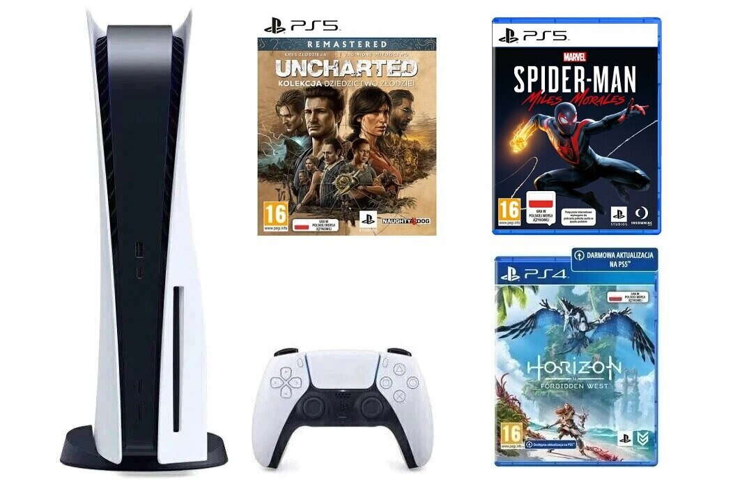 Konsola SONY PlayStation 5 + Horizon Forbidden West + Uncharted: Kolekcja Dziedzictwo Złodziei + Marvel’s Spider-Man: Miles Morales