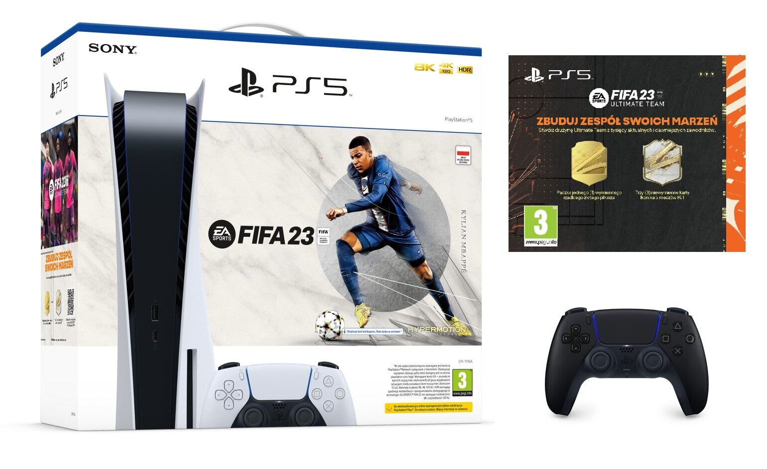 Konsola SONY PlayStation 5 + Dodatkowy kontroler DualSense Czarny + FIFA 23 (do pobrania) + FIFA 23 Ultimate Team (voucher)