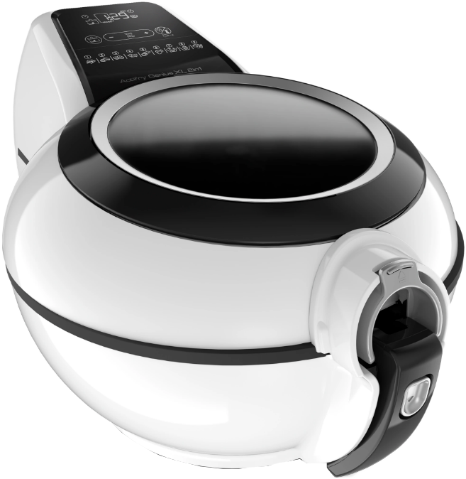 Fehér és fekete légkeveréses sütő. Digitális kijelzővel és fogantyúval rendelkezik. A márkanév ActiFry Genius XL 2in1.