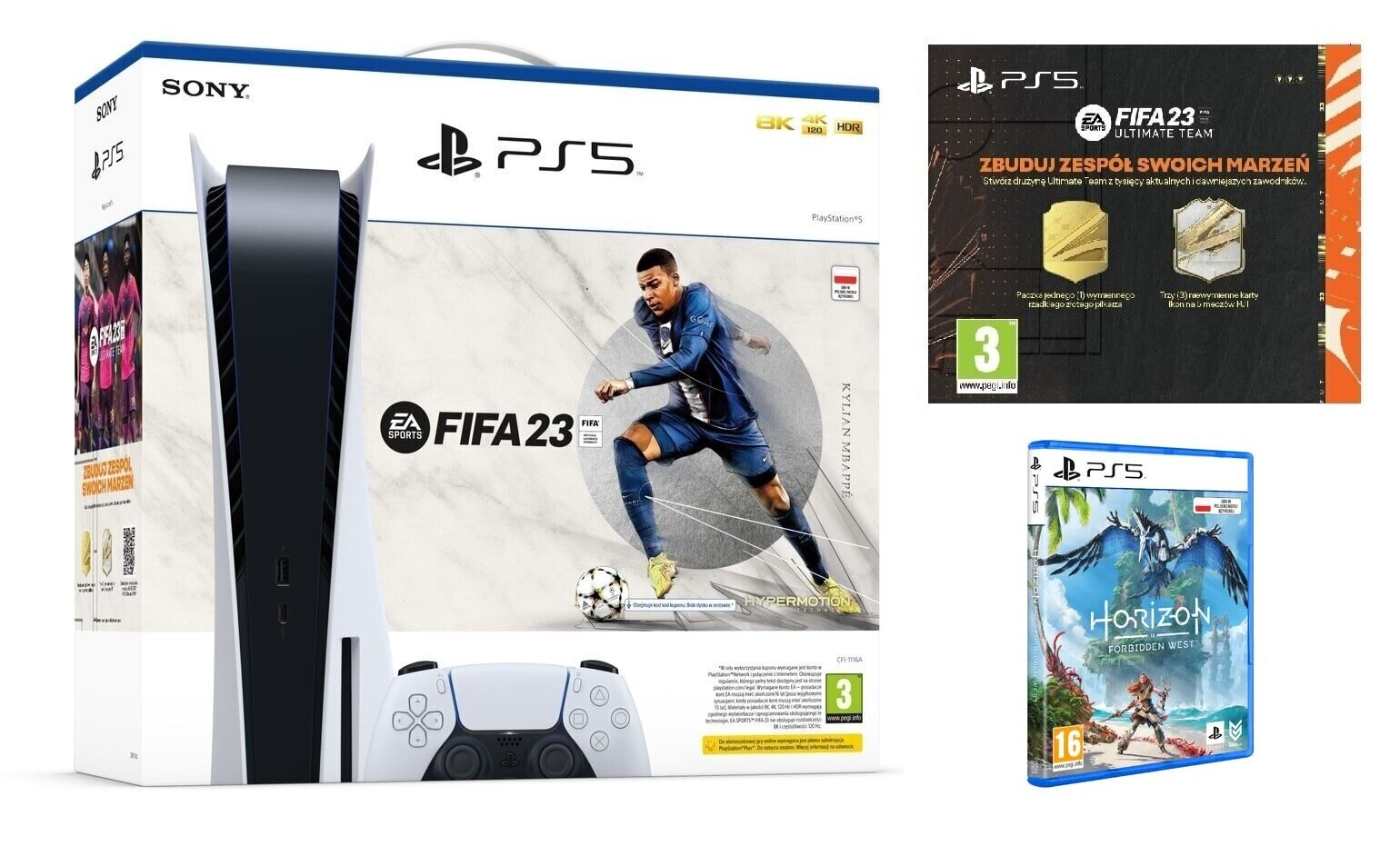 Konsola SONY PlayStation 5 + FIFA 23 (do pobrania) + FIFA 23 Ultimate Team (voucher) + Horizon Forbidden West