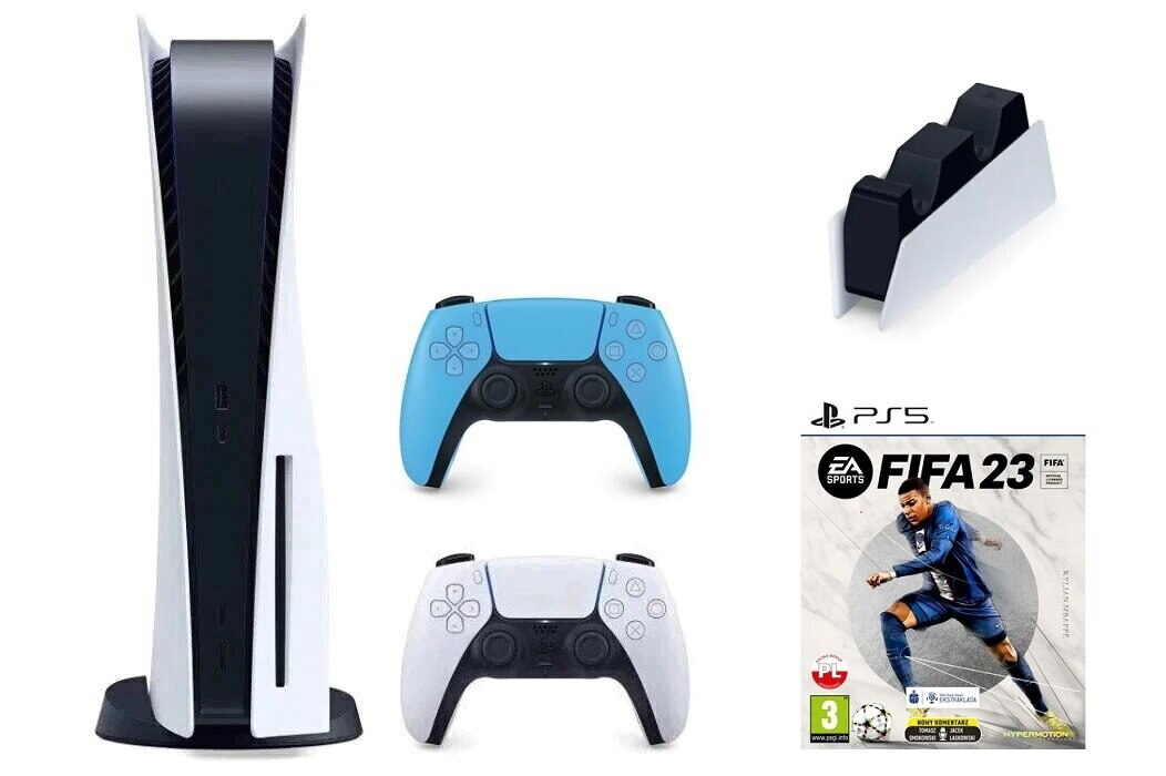 Konsola SONY PlayStation 5 B Chassis + Dodatkowy kontroler DualSense Gwiezdny Błękit + FIFA 23 + Stacja ładująca do DualSense
