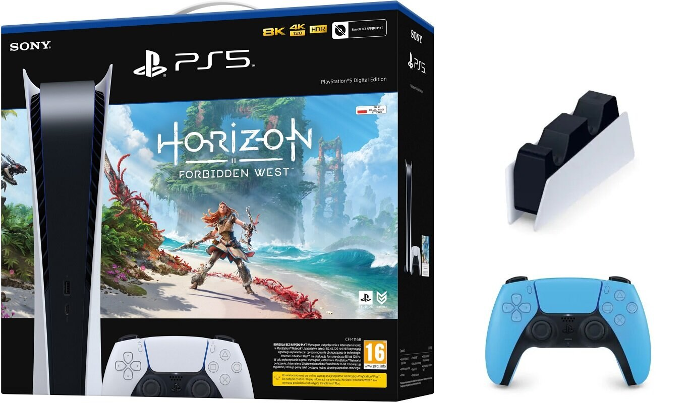 Konsola SONY PlayStation 5 Digital Edition + Horizon Forbidden West (kod do pobrania) + Dodatkowy kontroler DualSense Gwiezdny Błękit + Stacja ł