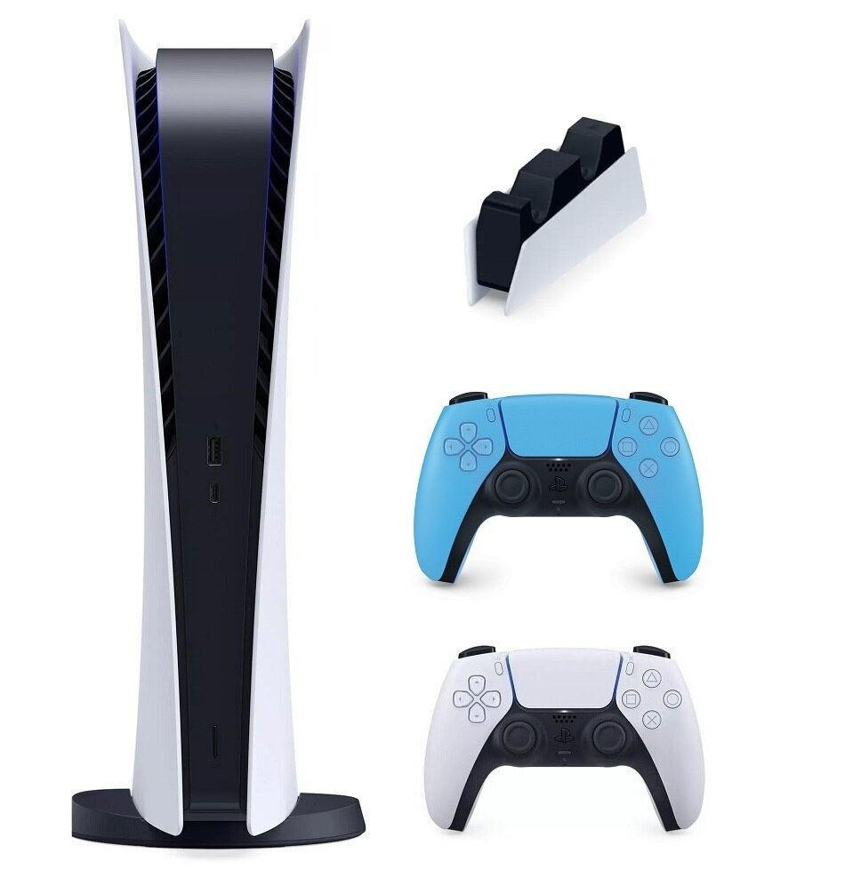 Konsola SONY PlayStation 5 Digital Edition C Chassis + Dodatkowy kontroler DualSense Gwiezdny Błękit + Stacja ładująca do DualSense