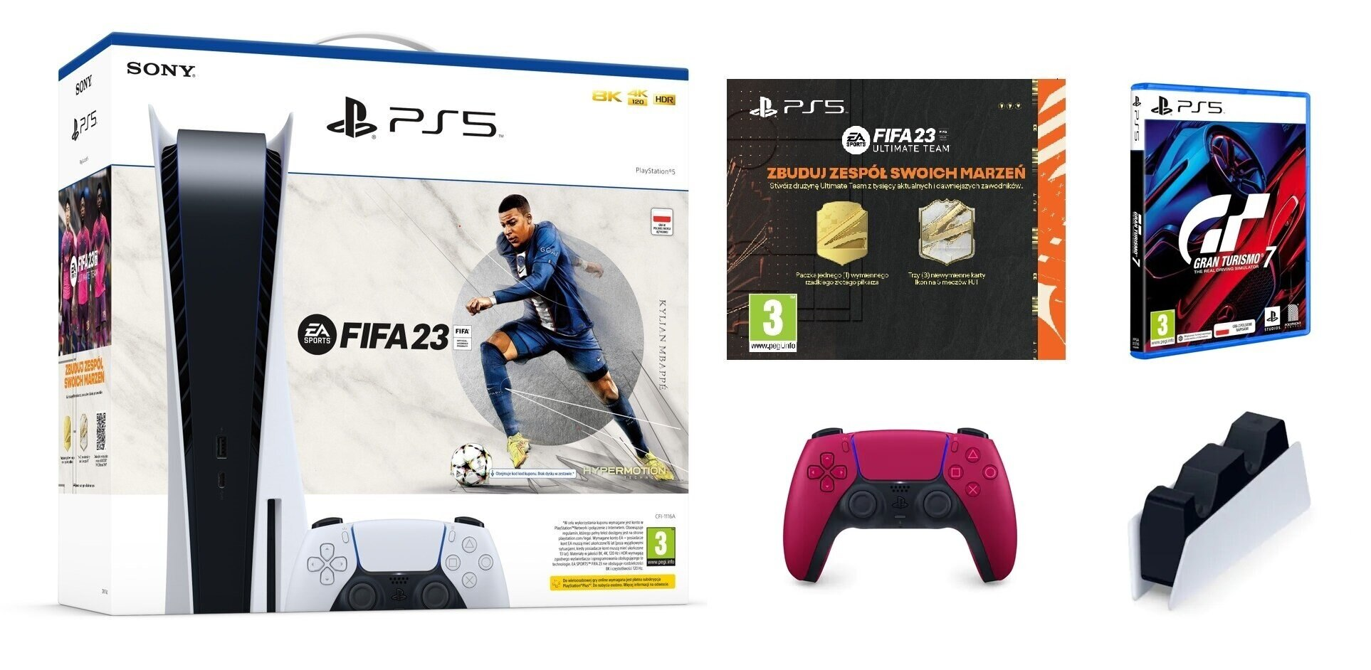 Konsola SONY PlayStation 5 B Chassis + DualSense Kosmiczna Czerwień + FIFA 23 (do pobrania) + FIFA 23 Ultimate Team (voucher) + Stacja ładująca do Du