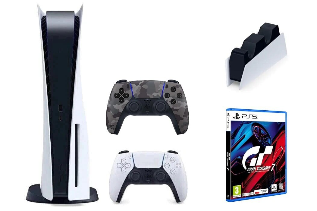 Konsola SONY PlayStation 5 C Chassis + Dodatkowy kontroler DualSense Szary Camo + Stacja ładująca do DualSense + Gran Turismo 7 + Ramki Gran Turismo