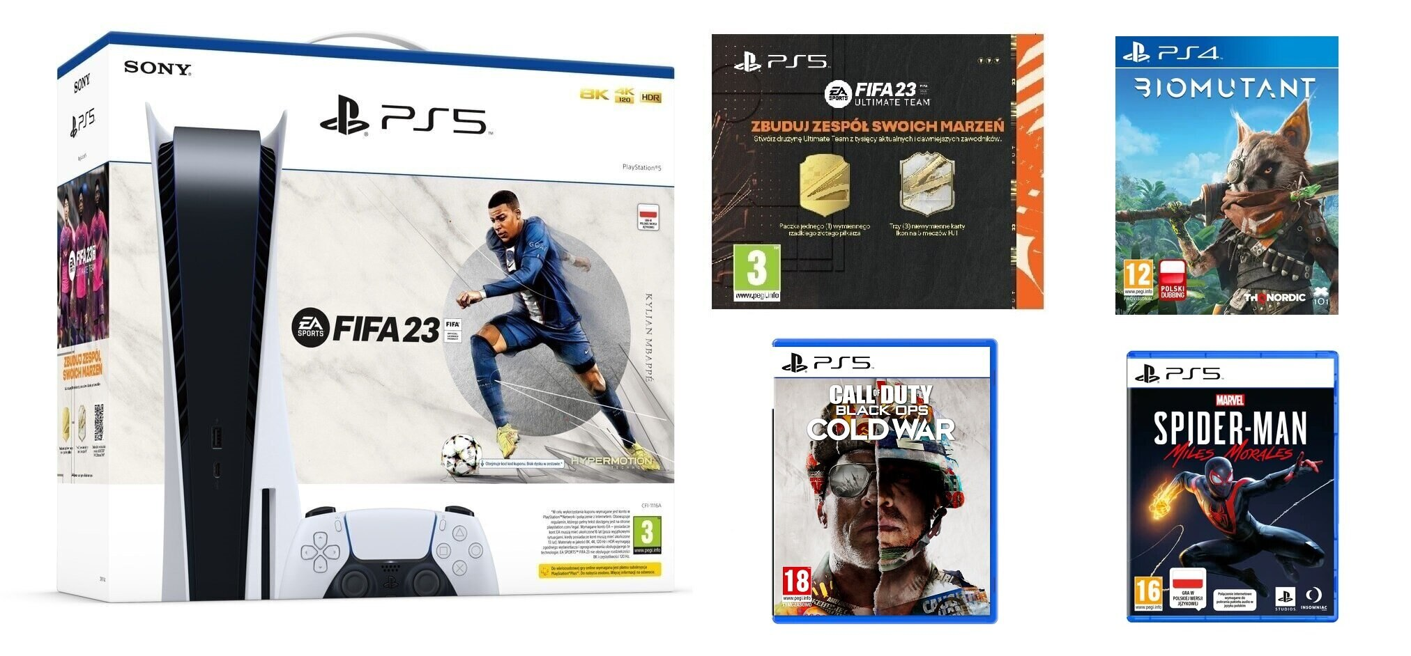 Konsola SONY PlayStation 5 + FIFA 23 (do pobrania) + FIFA 23 Ultimate Team (voucher) + Call of Duty: Black Ops Cold War + Biomutant + Marvel’s S