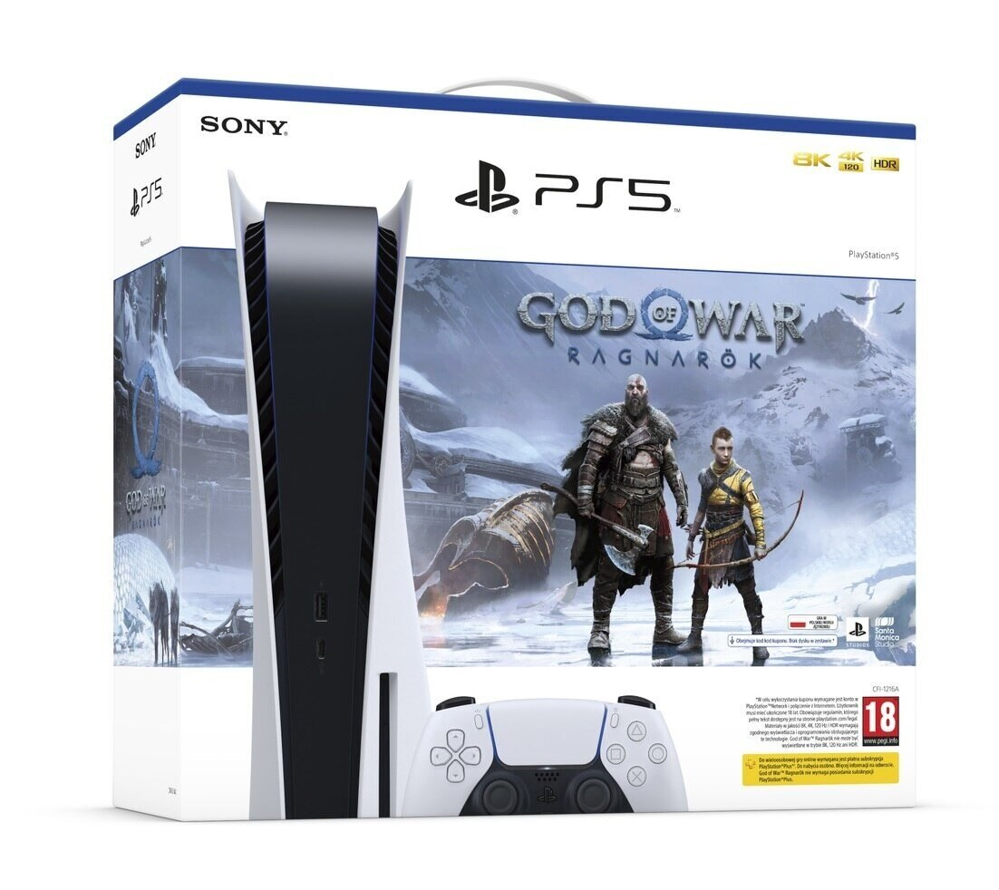 Konsola PS5 z pudełkiem z grą God of War Ragnarok, kontrolerem i białym tłem.