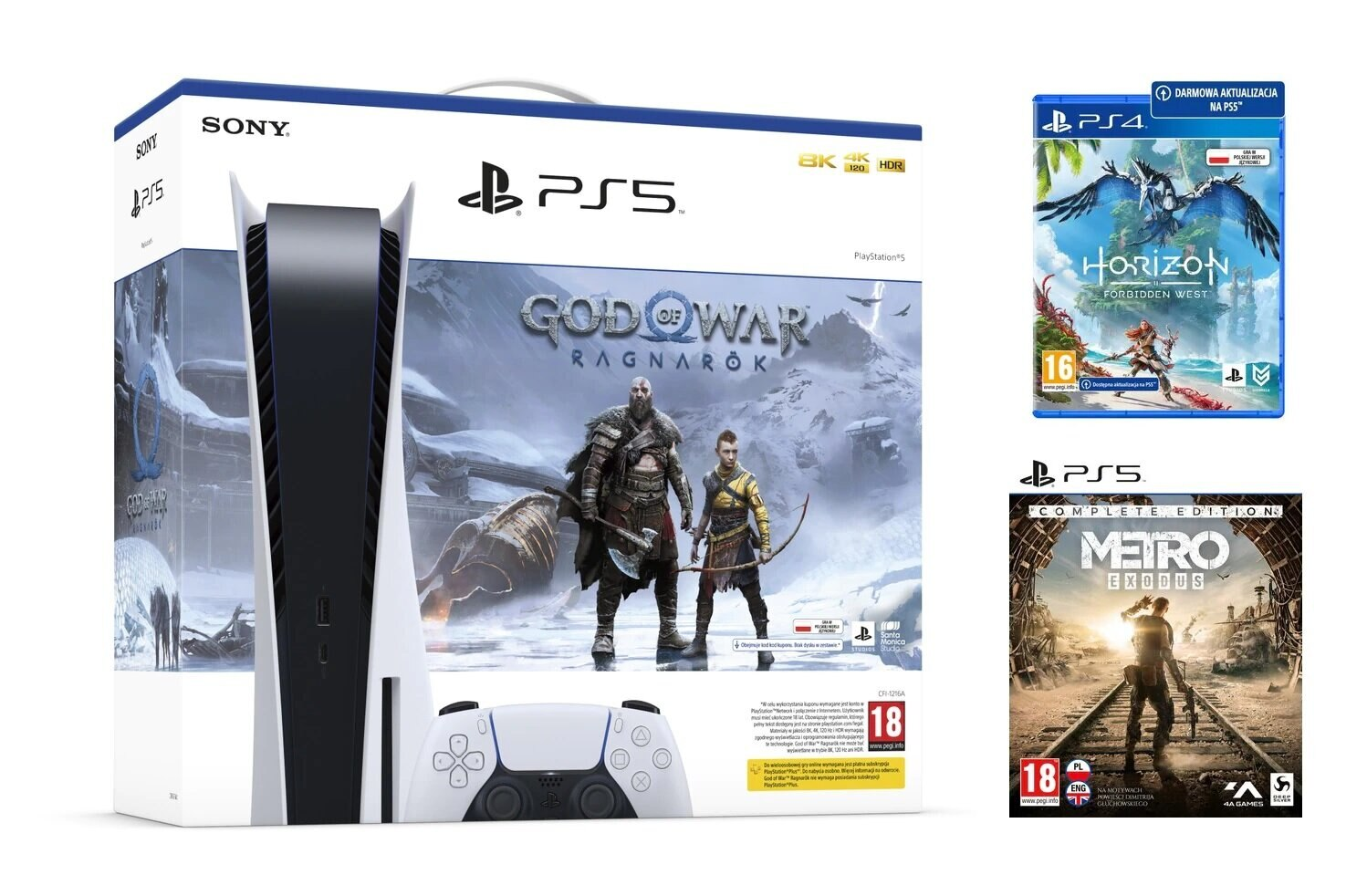 Pudełko konsoli PS5 z grą God of War, Horizon Forbidden West i pudełkami z grami Metro Exodus również są obecne.