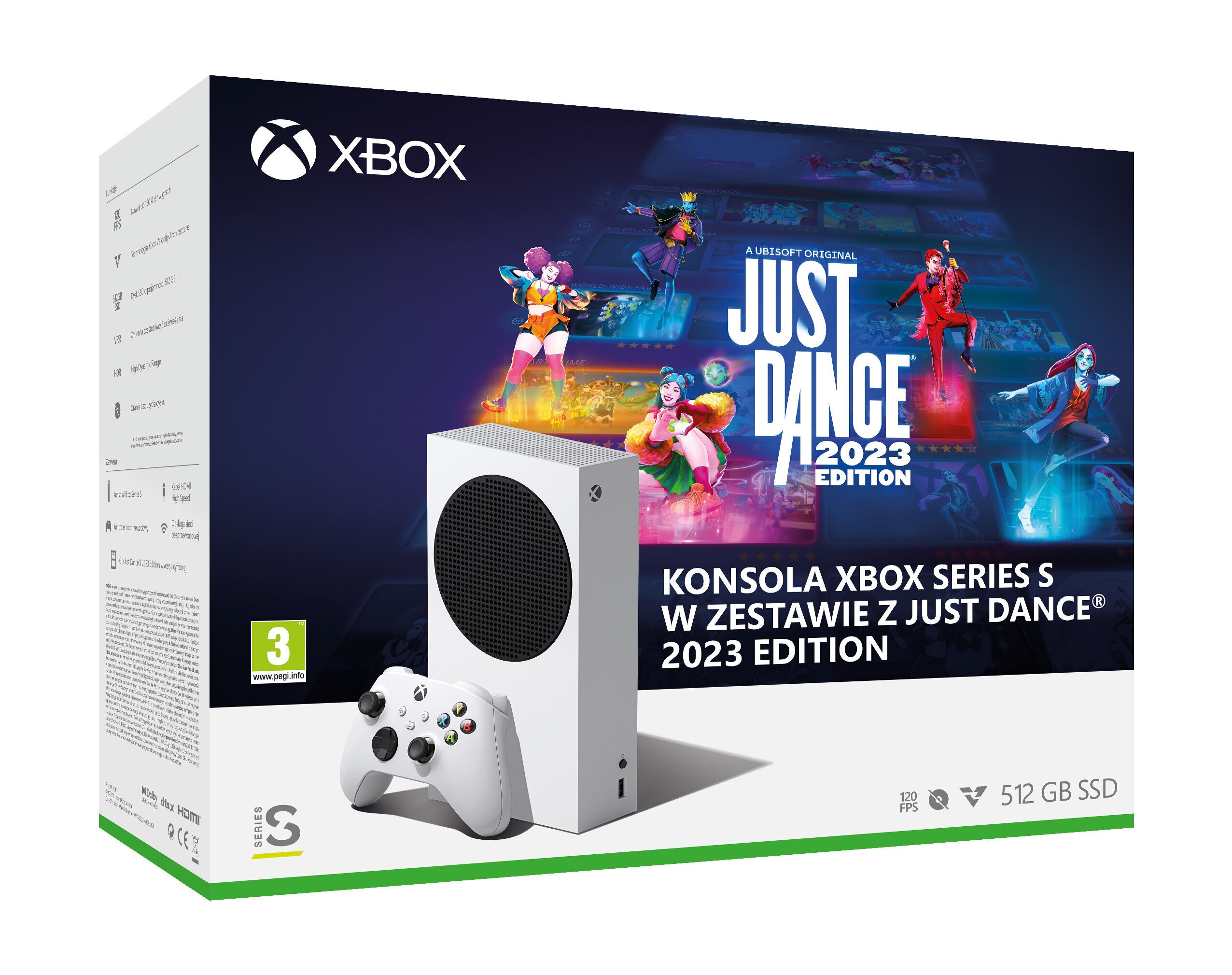 Konsola Xbox Series S z grą Just Dance 2023 Edition, białym kontrolerem i szczegółami gry.
