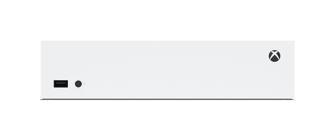 Biała konsola Xbox Series S, widok z tyłu, z portami i logo Xbox.