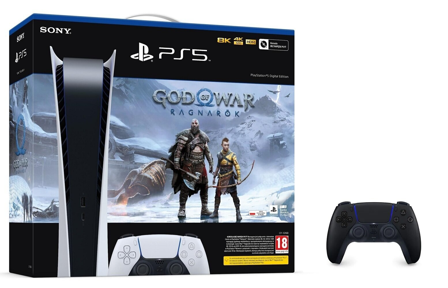 Konsola SONY PlayStation 5 Digital C Chassis + God of War Ragnarök (Kod do pobrania) + Dodatkowy kontroler SONY DualSense Nocna Czerń