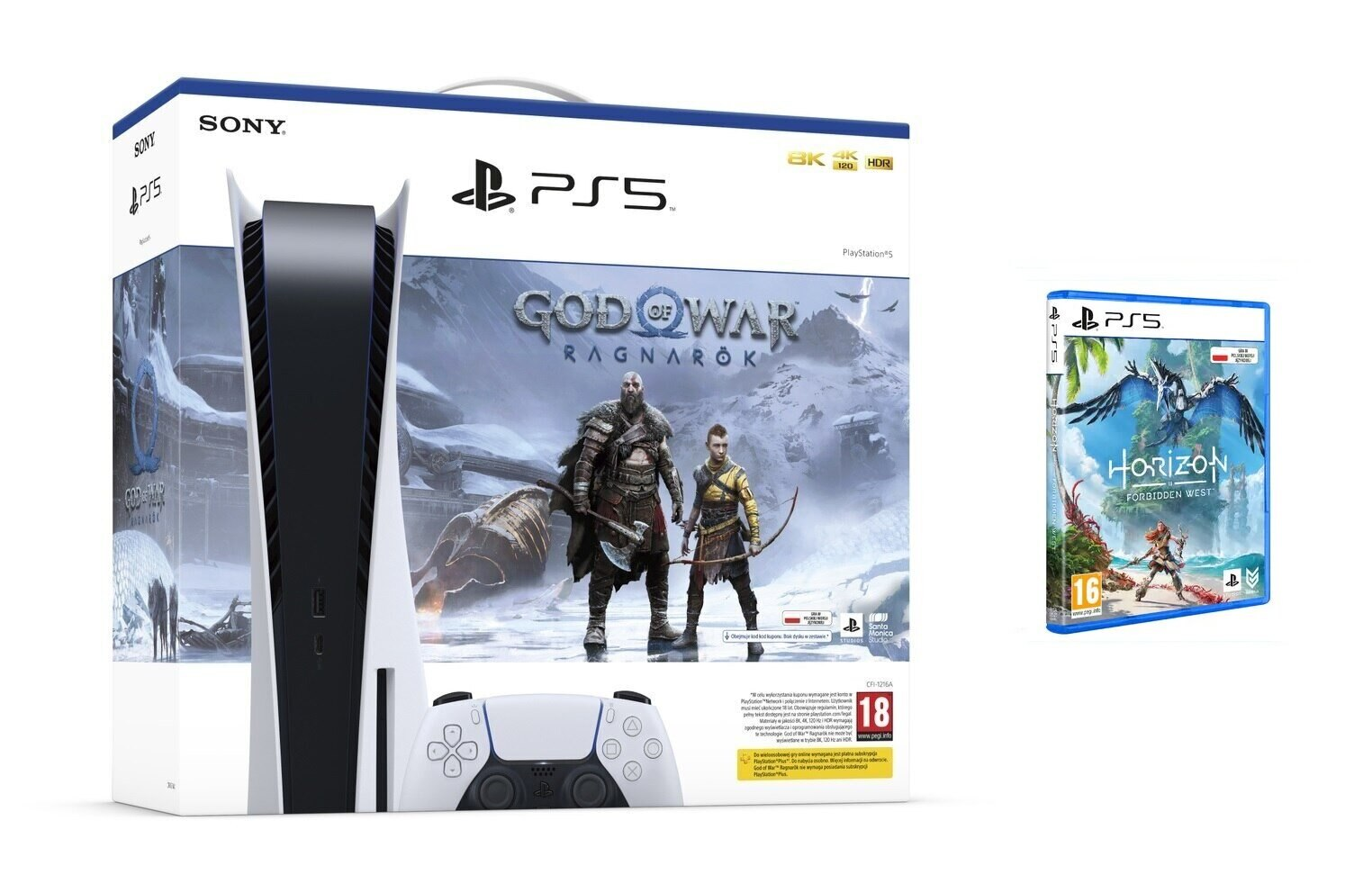 Konsola PlayStation 5 z grą God of War Ragnarok i grą Horizon Forbidden West.