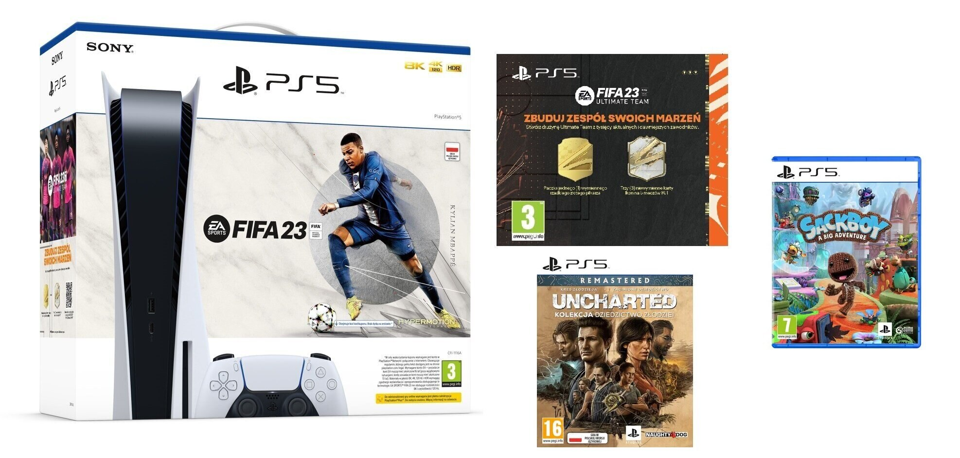 Konsola SONY PlayStation 5 + FIFA 23 (do pobrania) + FIFA 23 Ultimate Team (voucher) + Uncharted: Kolekcja Dziedzictwo Złodziei + Sackboy: A Big