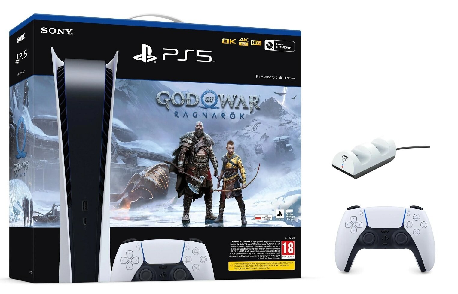 Konsola SONY PlayStation 5 Digital C Chassis + God of War Ragnarök (Kod do pobrania) + Dodatkowy kontroler DualSense Biały + Stacja TRUST GXT 254 D