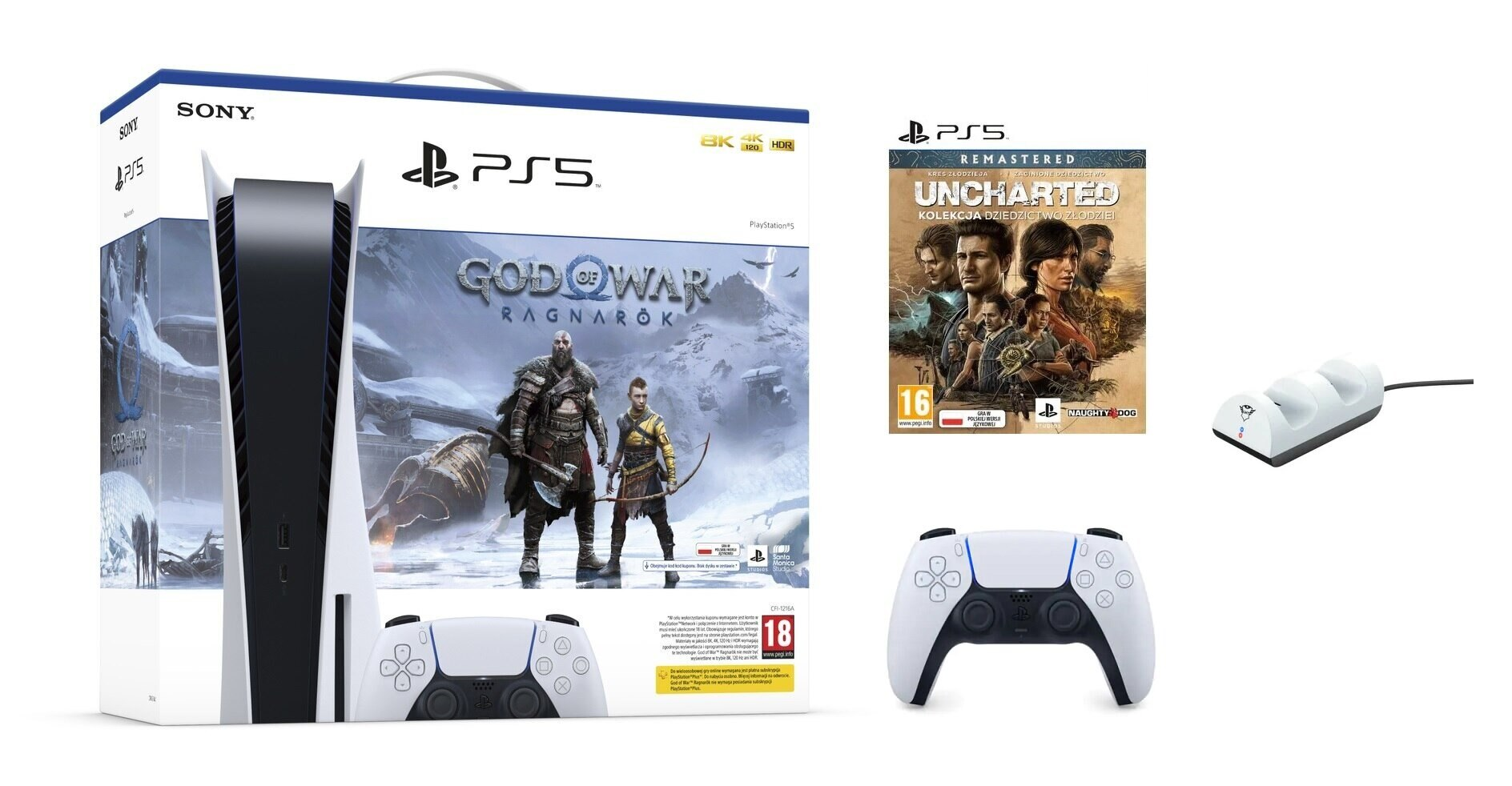 Konsola SONY PlayStation 5 + God of War Ragnarök (Kod do pobrania) + Dodatkowy kontroler DualSense Biały + Uncharted: Kolekcja Dziedzictwo Z