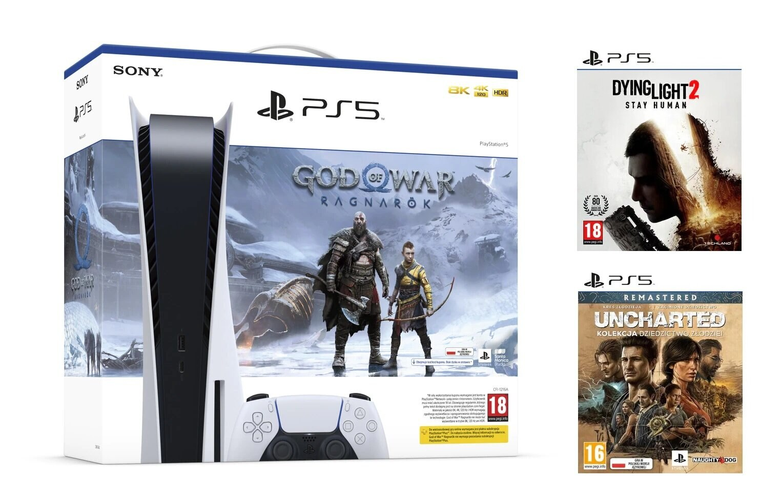 Konsola SONY PlayStation 5 + God of War Ragnarök (Kod do pobrania) + Uncharted: Kolekcja Dziedzictwo Złodziei + Dying Light 2