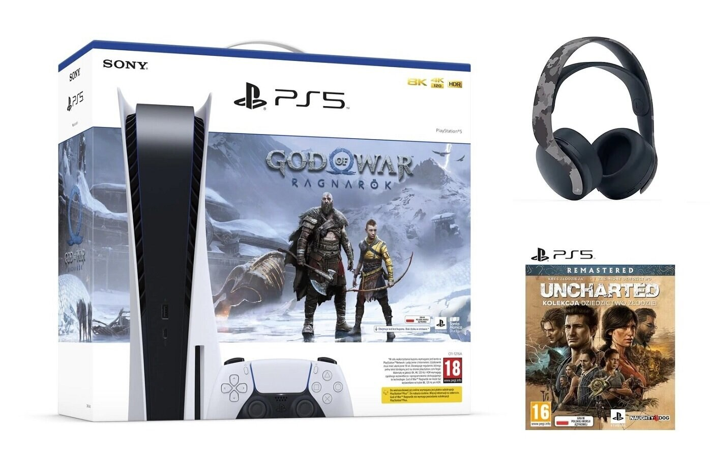 Konsola SONY PlayStation 5 C Chassis + God of War Ragnarök (Kod do pobrania) + Uncharted: Kolekcja Dziedzictwo Złodziei + Słuchawki Pulse 3D Wi