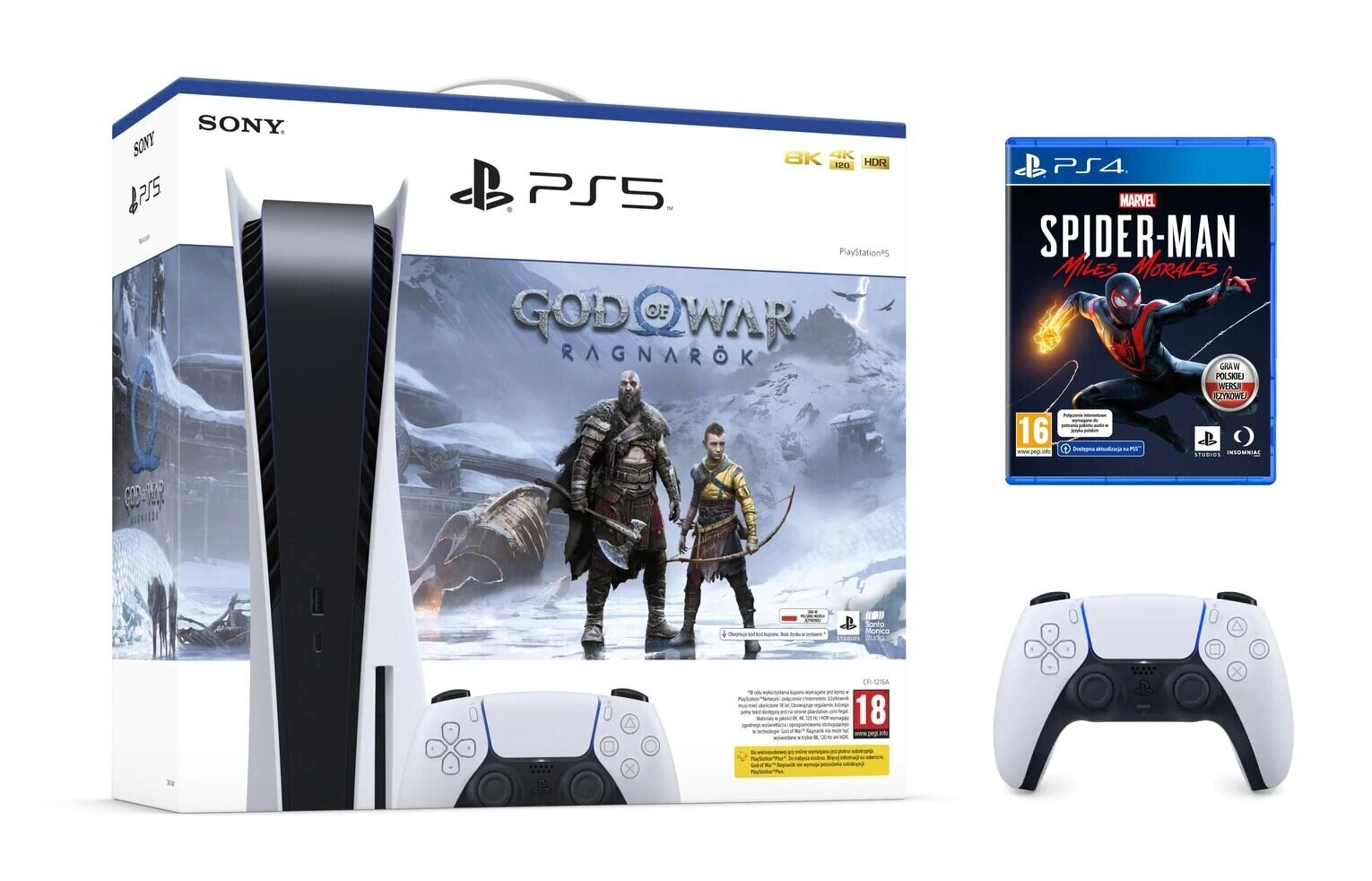 Konsola SONY PlayStation 5 C Chassis + God of War Ragnarök (Kod do pobrania) + Dodatkowy kontroler DualSense Biały + Marvel's Spider-Man: Miles M