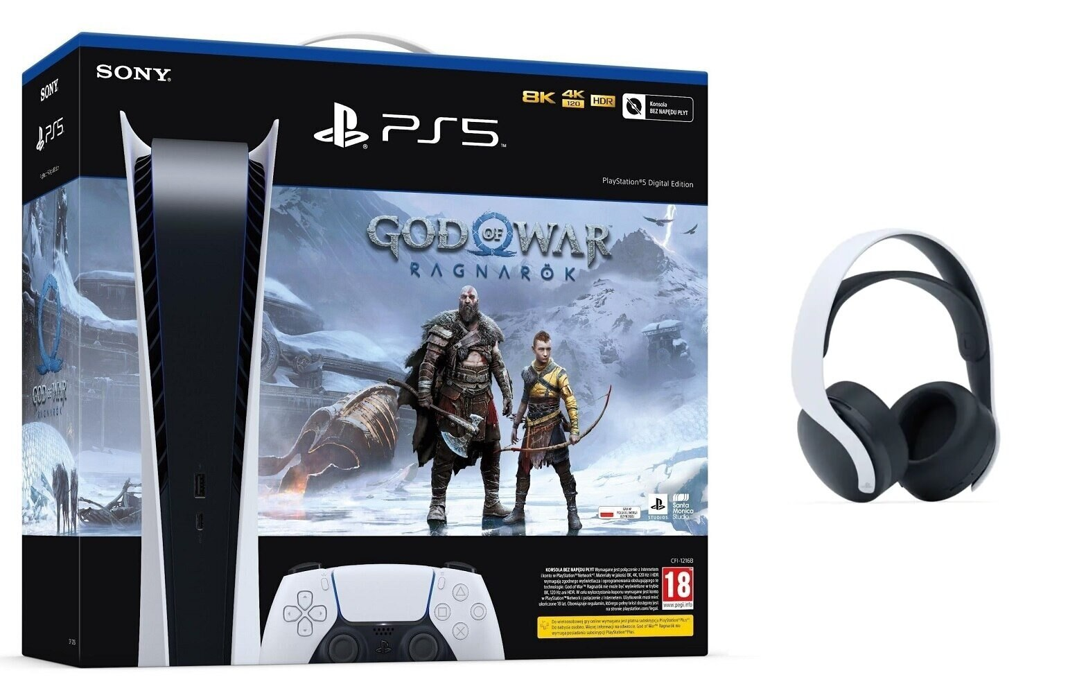 Konsola SONY PlayStation 5 Digital + God of War Ragnarök (Kod do pobrania) + Słuchawki SONY Pulse 3D Wireless Headset