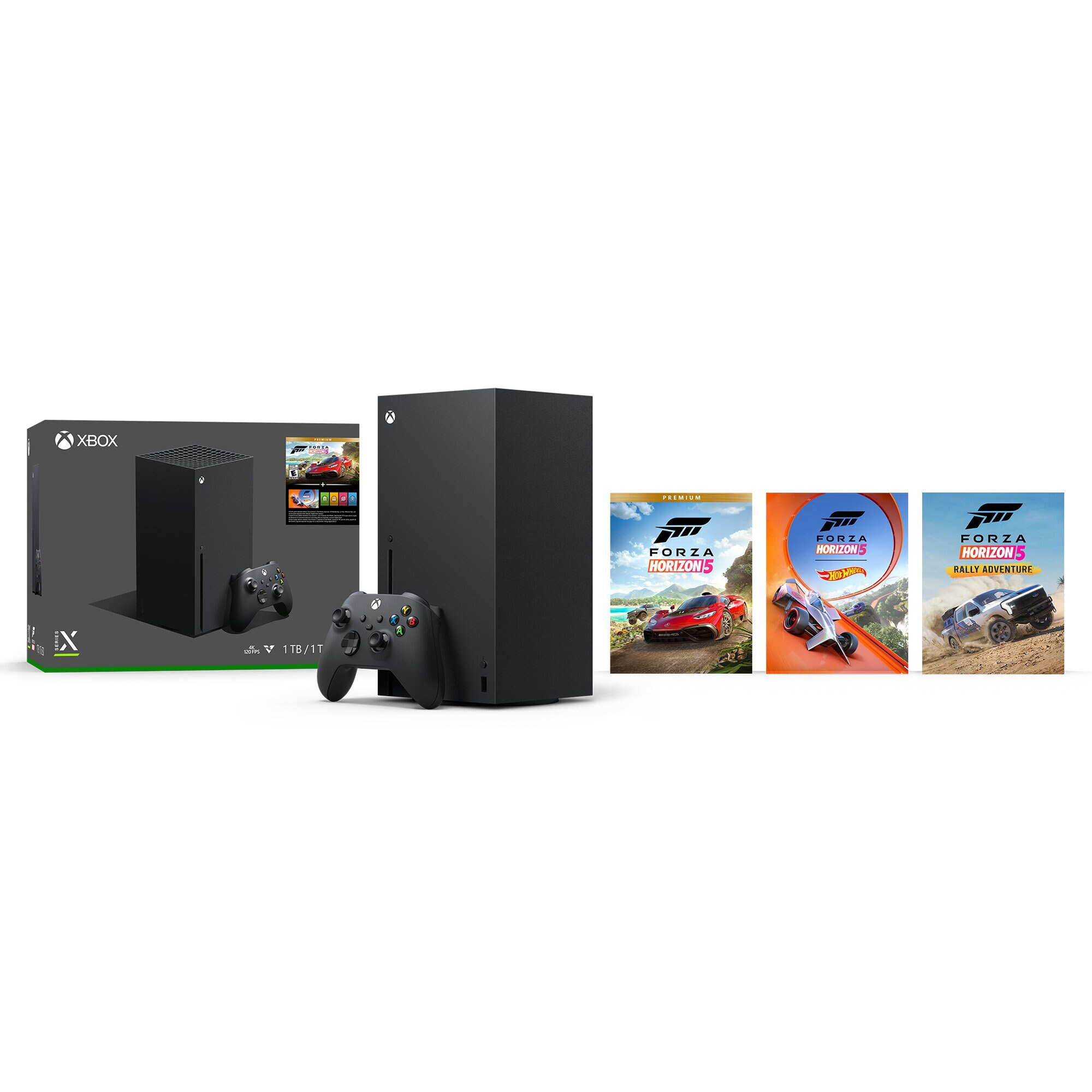 Konsola Xbox Series X z kontrolerem i etui na gry. Białe tło.