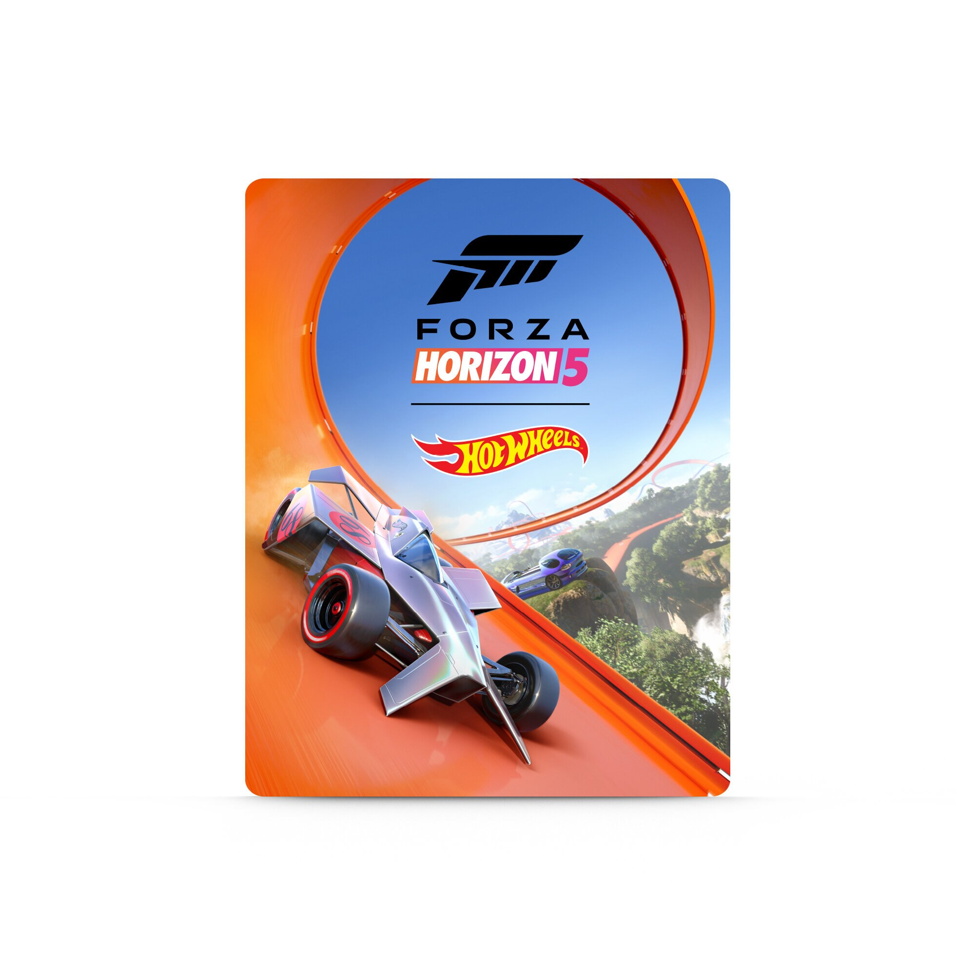 Okładka gry Forza Horizon 5 Hot Wheels. Przedstawia samochód wyścigowy na torze z niebieskim tłem nieba.