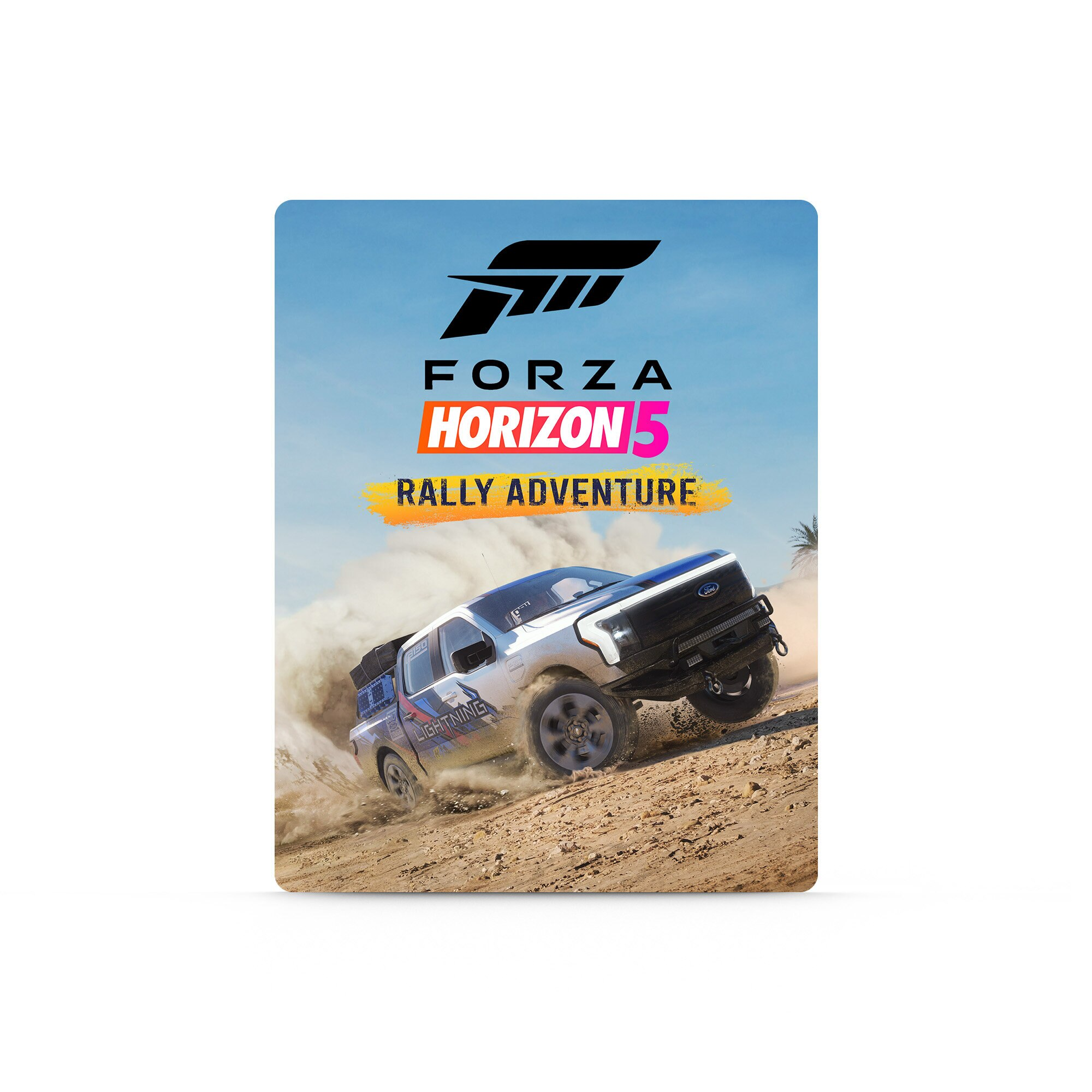 Pudełko gry Forza Horizon 5 Rally Adventure przedstawiające ciężarówkę na polnej drodze.