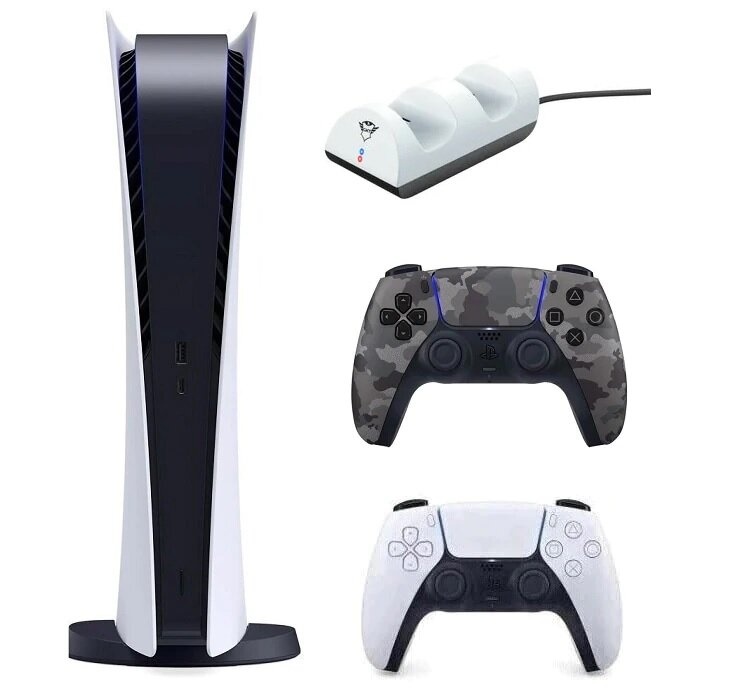 Konsola SONY PlayStation 5 Digital Edition C Chassis + Dodatkowy kontroler DualSense Szary Camo + Stacja ładująca TRUST GXT 254 Duo