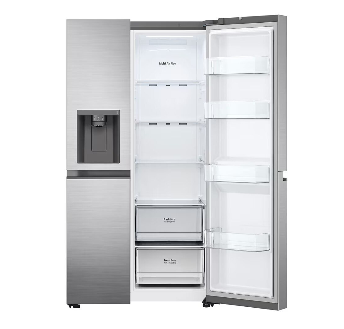 Srebrna lodówka otwarta. Wnętrze z widocznymi półkami i szufladami.