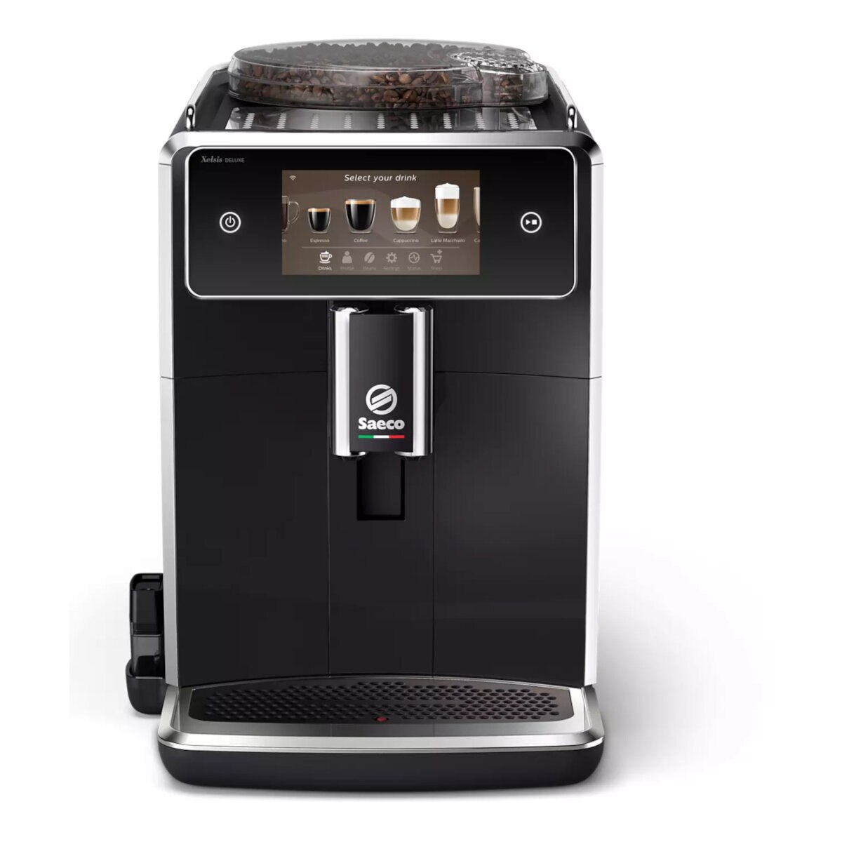 Czarno-srebrny ekspres do kawy Saeco Xelsis Deluxe. Ma ekran dotykowy.