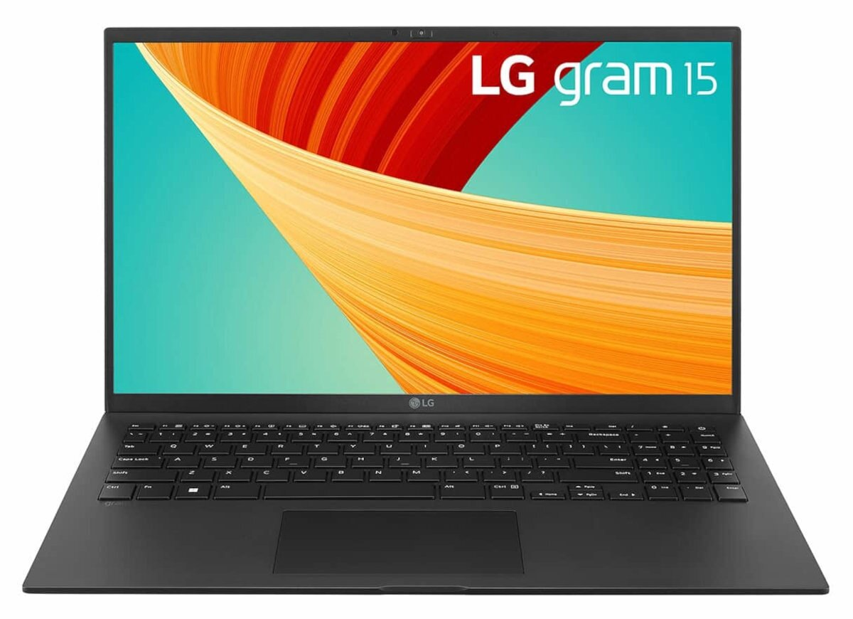 Czarny laptop LG z kolorowym tłem. Ekran wyświetla tekst 'LG gram 15'.