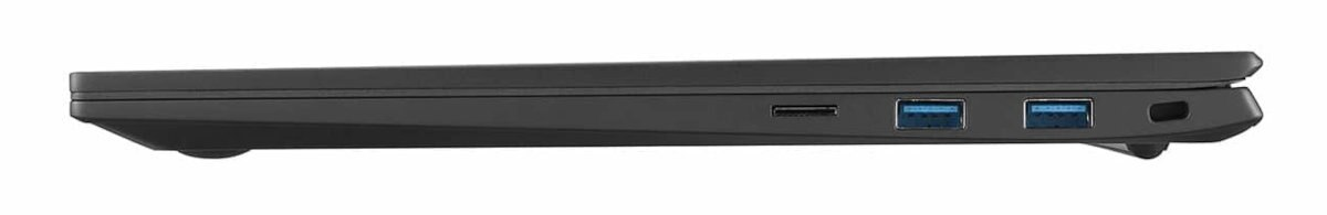 Widok z boku laptopa. Ciemny kolor, widoczne porty.