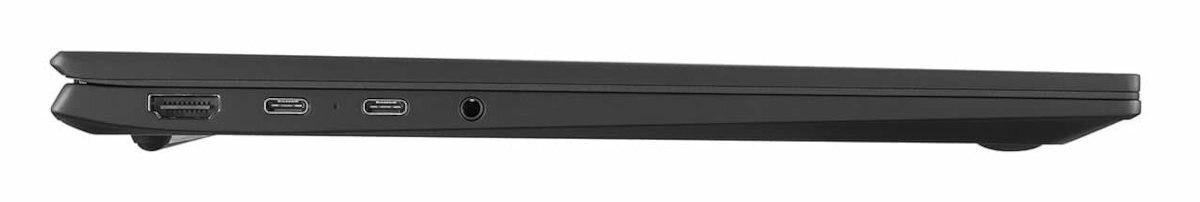 Widok z boku ciemnego laptopa. Pokazuje porty takie jak HDMI, USB-C i gniazdo słuchawkowe.