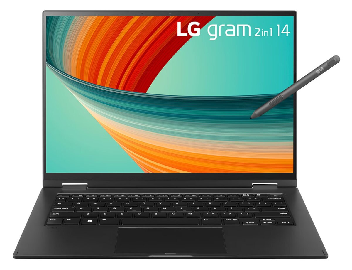 Otwarty czarny laptop LG Gram z rysikiem. Ekran wyświetla abstrakcyjny pomarańczowo-zielony wzór.