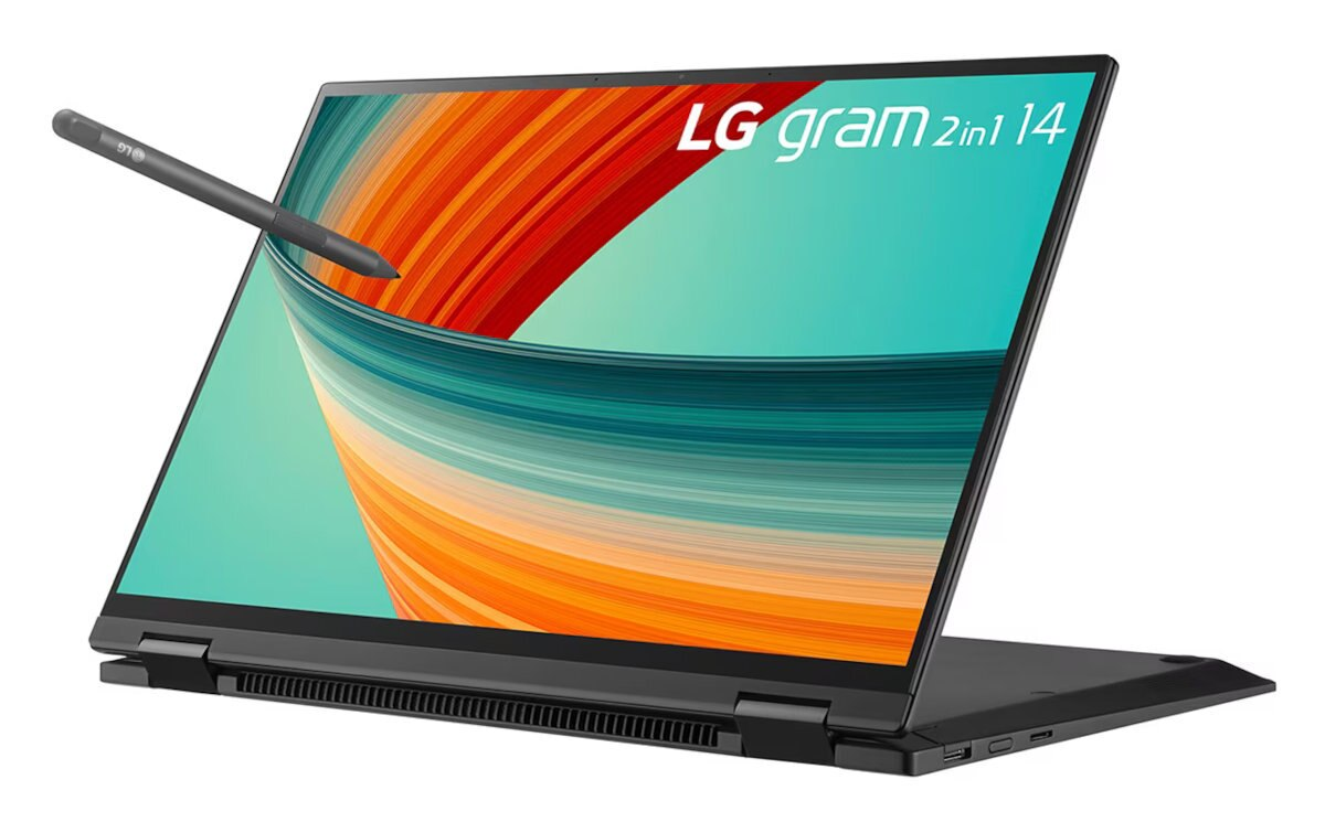 Czarny laptop LG gram 2 w 1, otwarty, z rysikiem unoszącym się nad ekranem.