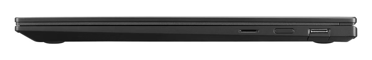 Widok z boku zamkniętego czarnego laptopa. Widoczne porty to USB i ładowania.